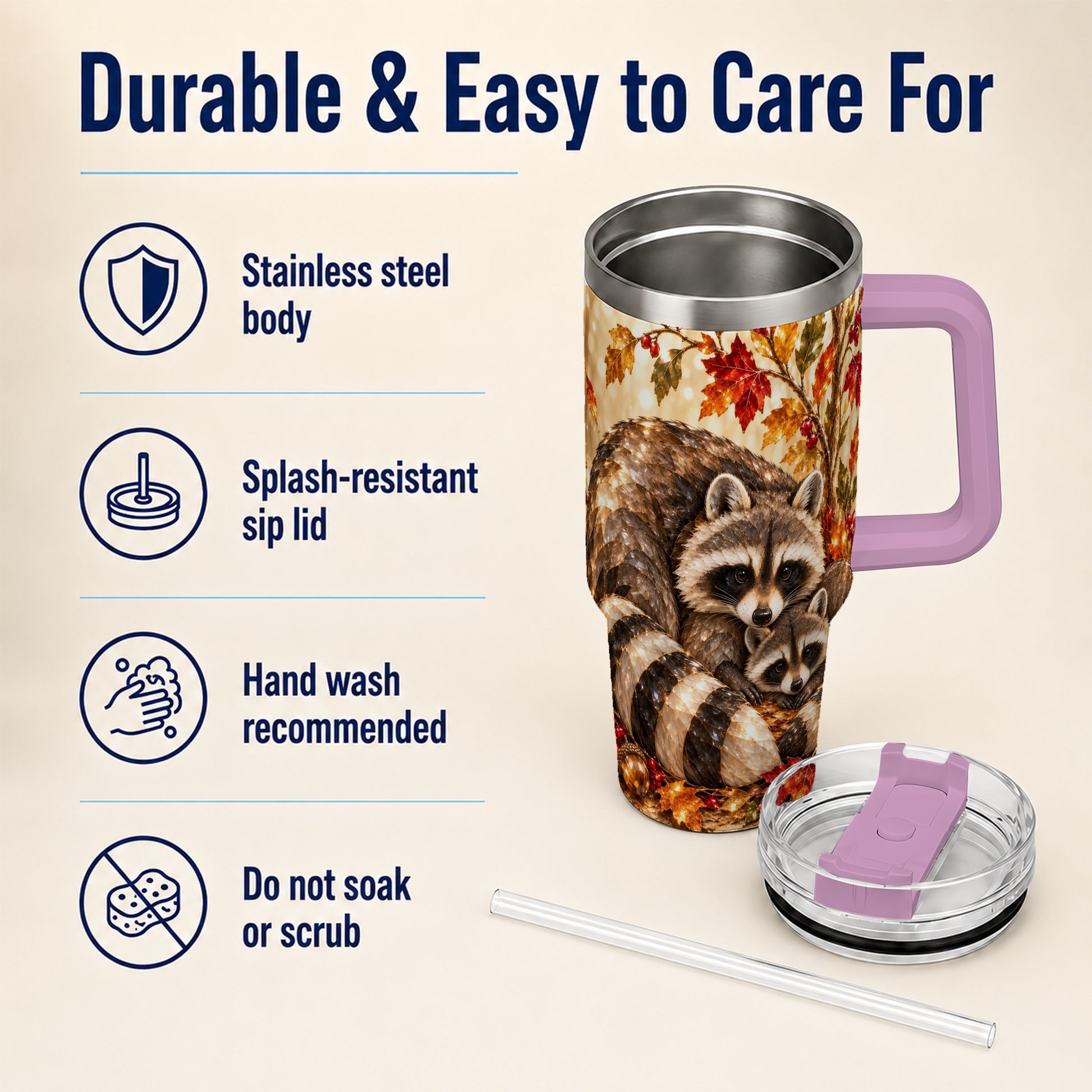 #pl[40oz|Pink] Jeweled Raccoon 40oz Tumbler with Handle, Family Woodland Travel Cup