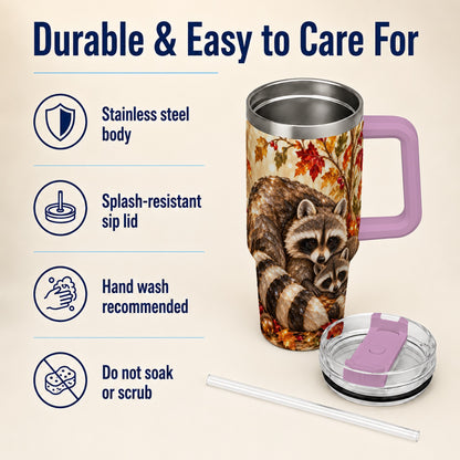 #pl[40oz|Pink] Jeweled Raccoon 40oz Tumbler with Handle, Family Woodland Travel Cup