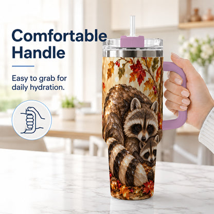 #pl[40oz|Pink] Jeweled Raccoon 40oz Tumbler with Handle, Family Woodland Travel Cup
