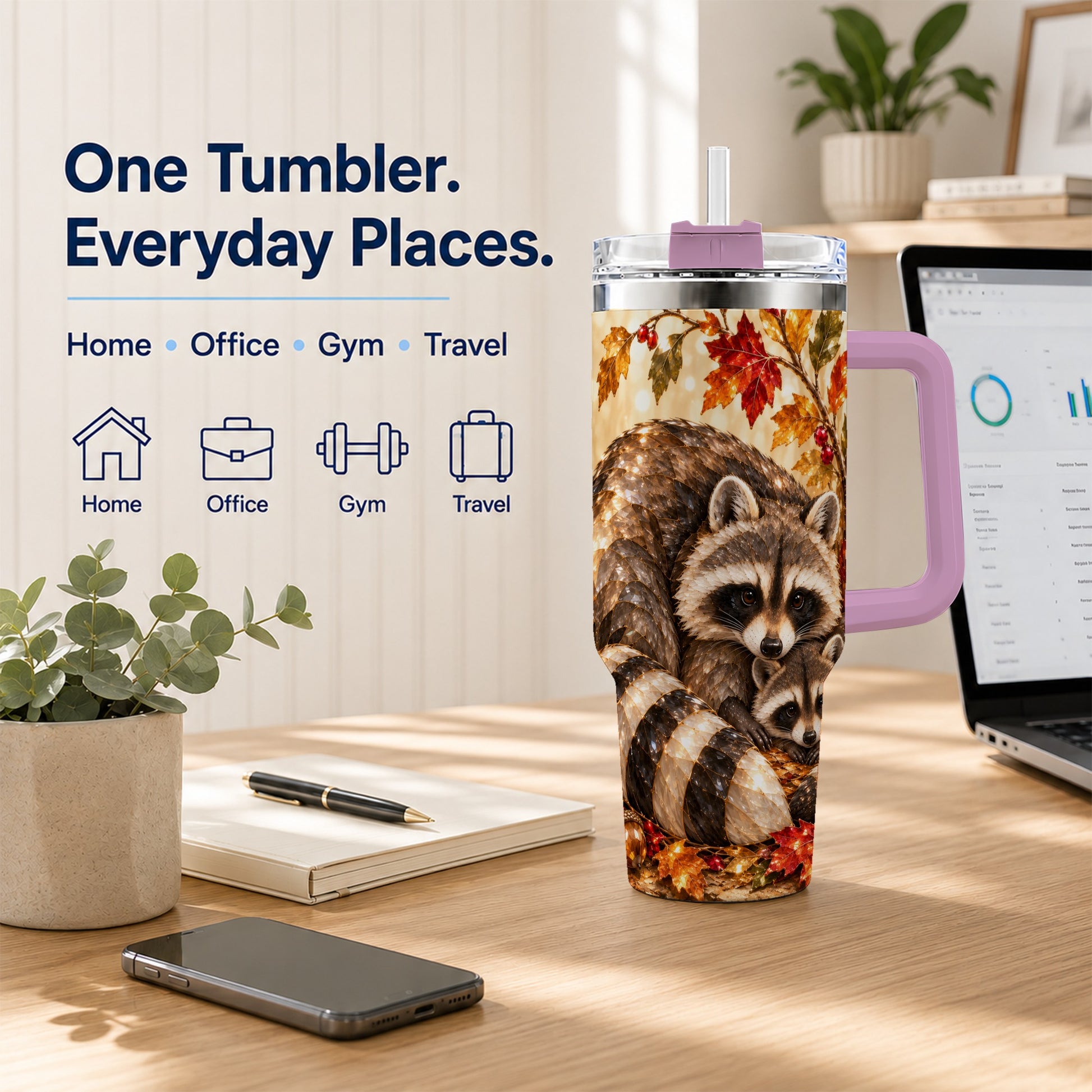 #pl[40oz|Pink] Jeweled Raccoon 40oz Tumbler with Handle, Family Woodland Travel Cup