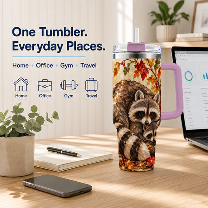 #pl[40oz|Pink] Jeweled Raccoon 40oz Tumbler with Handle, Family Woodland Travel Cup