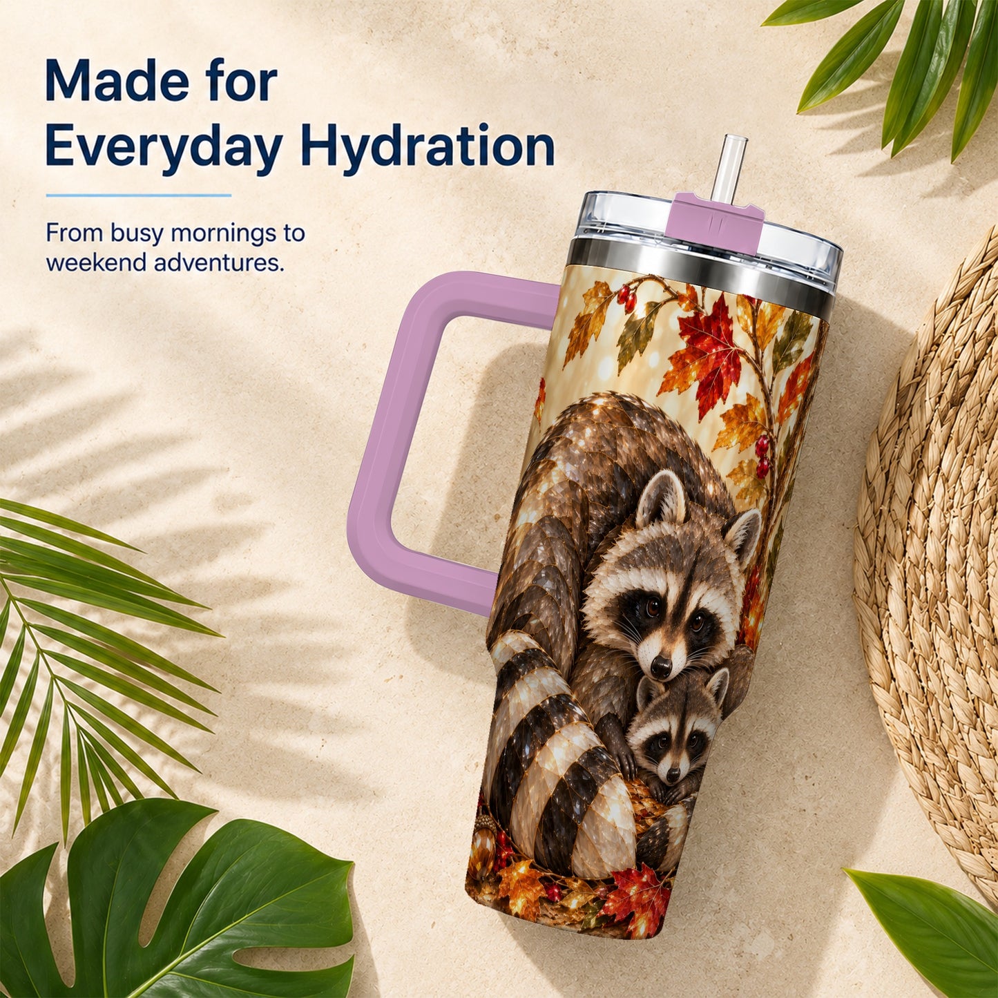 #pl[40oz|Pink] Jeweled Raccoon 40oz Tumbler with Handle, Family Woodland Travel Cup
