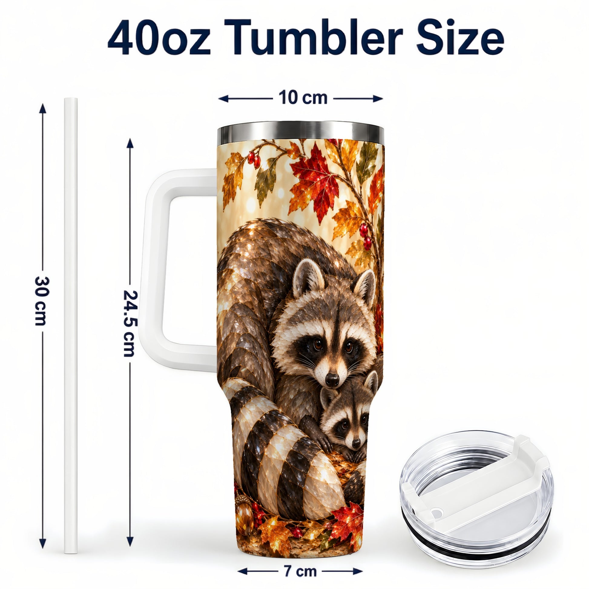 #pl[40oz|White] Jeweled Raccoon 40oz Tumbler with Handle, Family Woodland Travel Cup