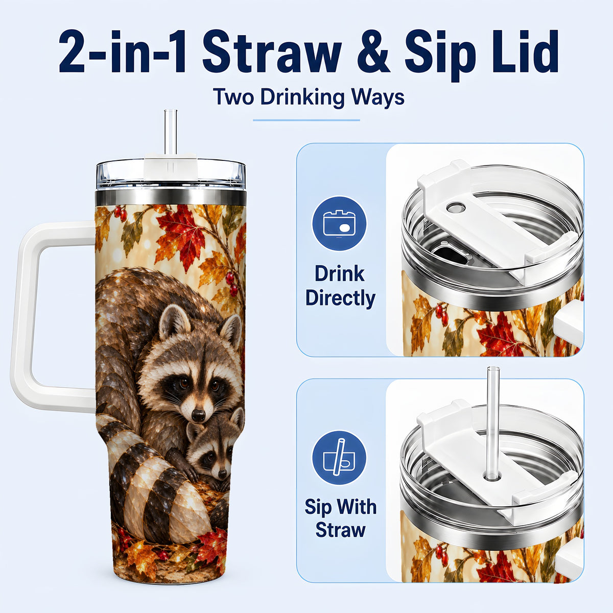 #pl[40oz|White] Jeweled Raccoon 40oz Tumbler with Handle, Family Woodland Travel Cup