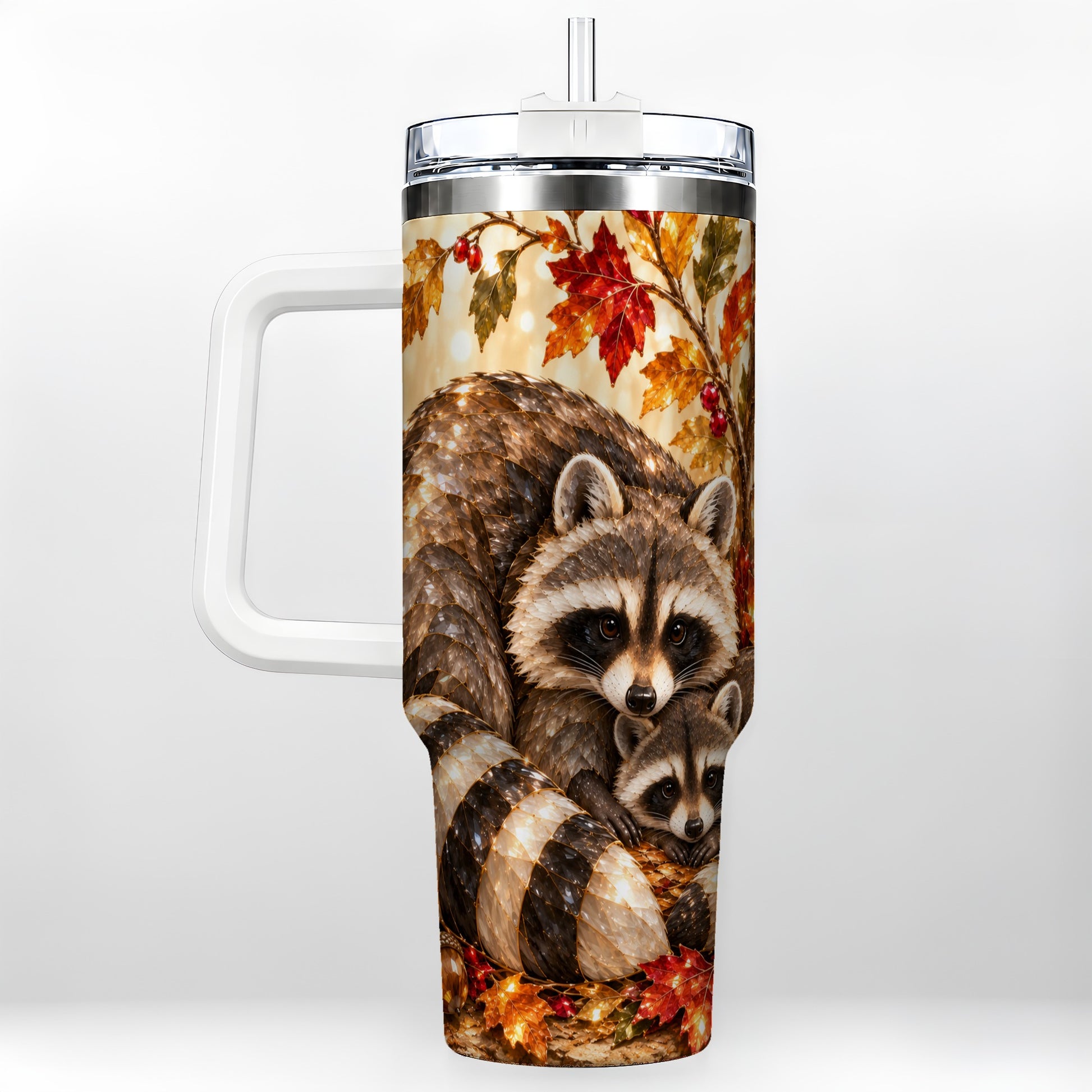 Jeweled Raccoon 40oz Tumbler with Handle, Family Woodland Travel Cup