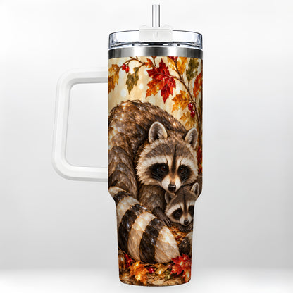 Jeweled Raccoon 40oz Tumbler with Handle, Family Woodland Travel Cup