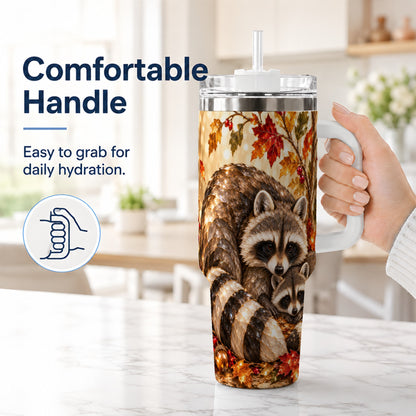 #pl[40oz|White] Jeweled Raccoon 40oz Tumbler with Handle, Family Woodland Travel Cup