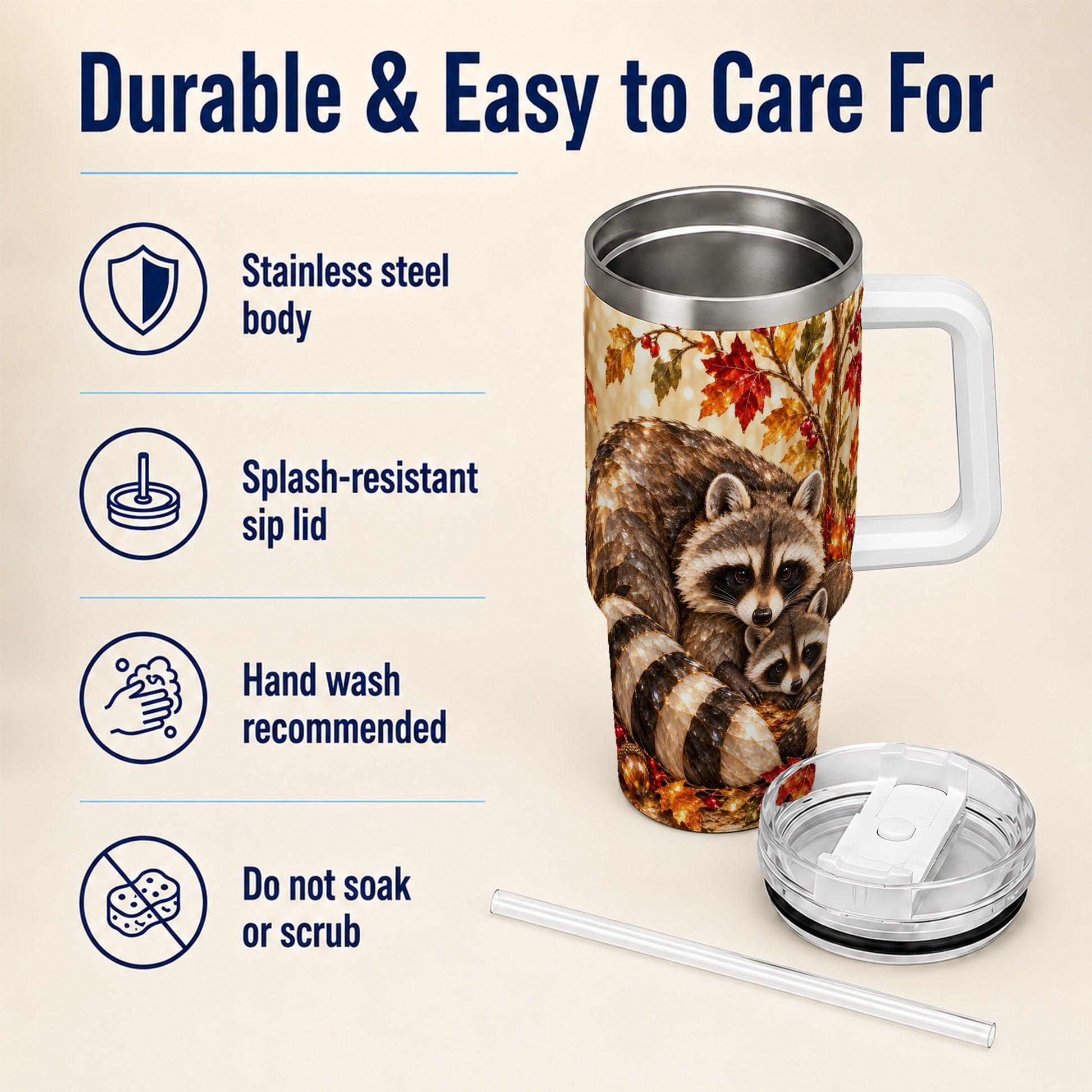 #pl[40oz|White] Jeweled Raccoon 40oz Tumbler with Handle, Family Woodland Travel Cup
