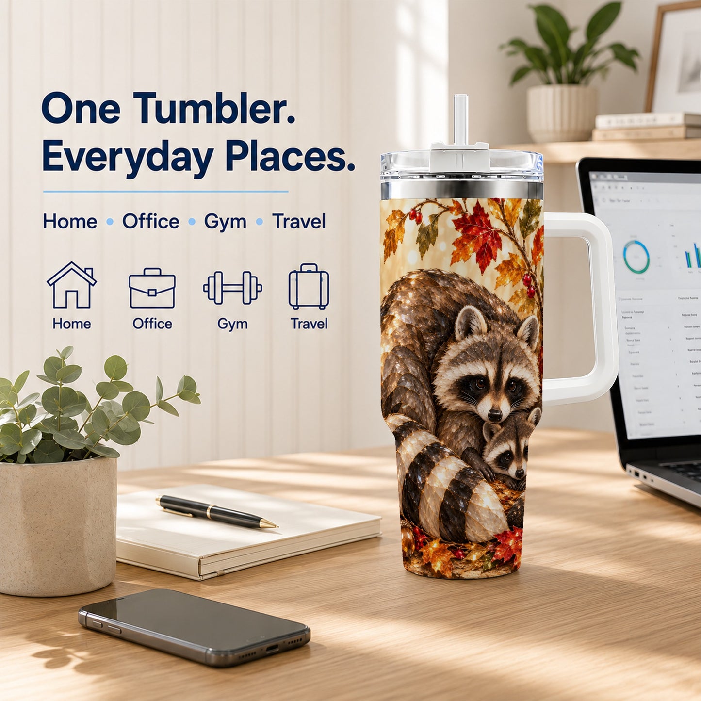 #pl[40oz|White] Jeweled Raccoon 40oz Tumbler with Handle, Family Woodland Travel Cup