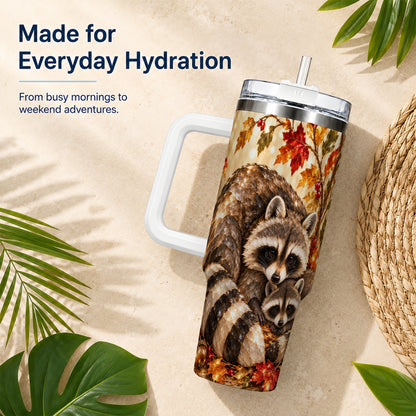 #pl[40oz|White] Jeweled Raccoon 40oz Tumbler with Handle, Family Woodland Travel Cup