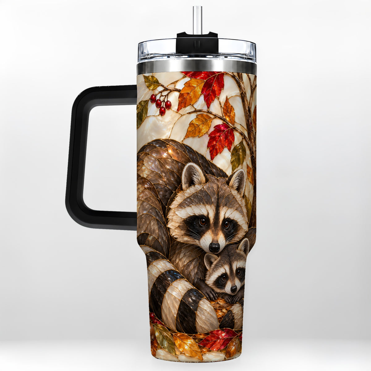 #pl[40oz|Black] Stained Glass Raccoon 40oz Tumbler with Handle, Family Travel Cup