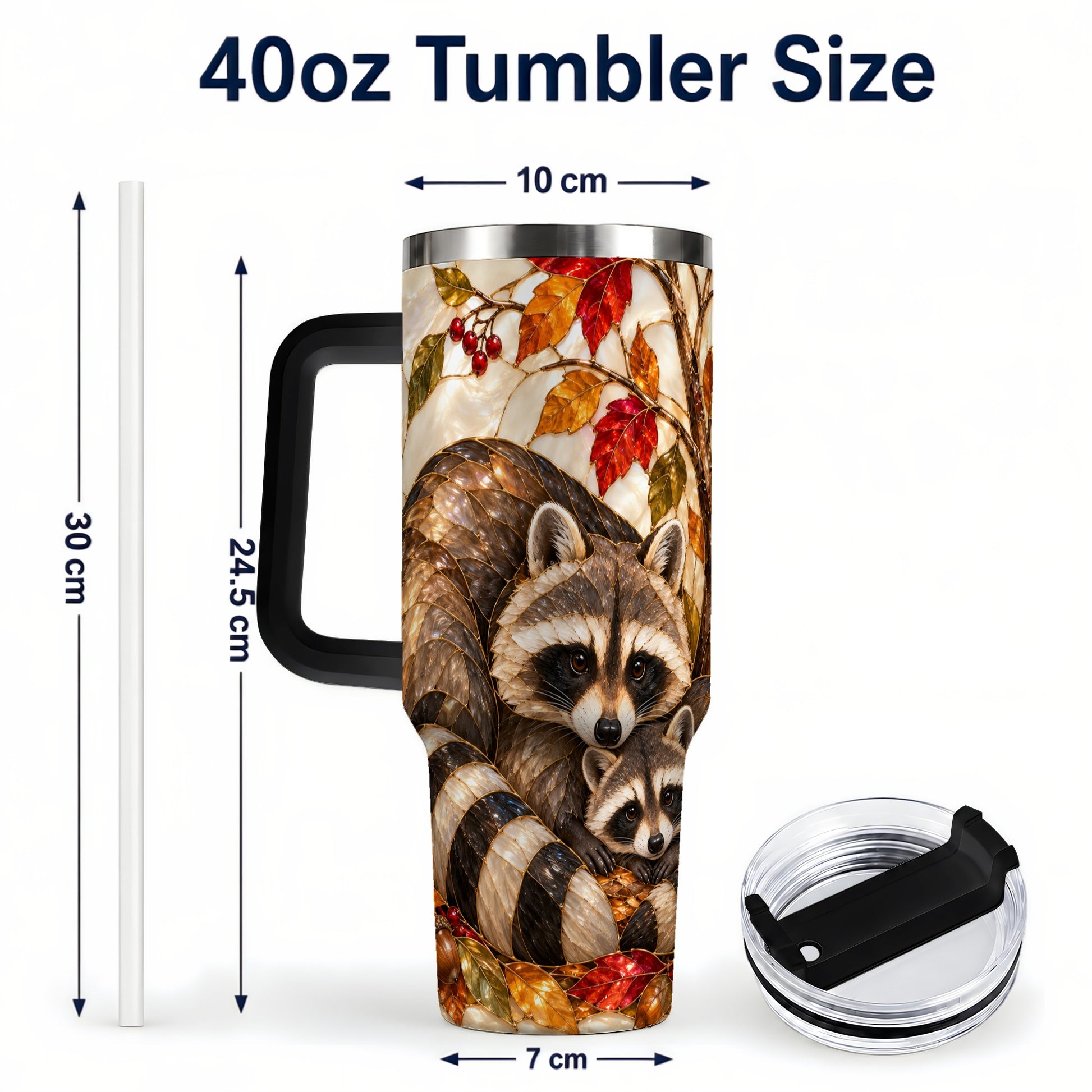 #pl[40oz|Black] Stained Glass Raccoon 40oz Tumbler with Handle, Family Travel Cup
