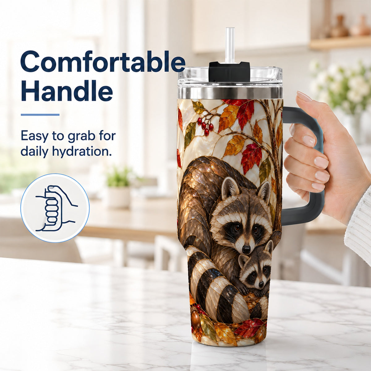 #pl[40oz|Black] Stained Glass Raccoon 40oz Tumbler with Handle, Family Travel Cup