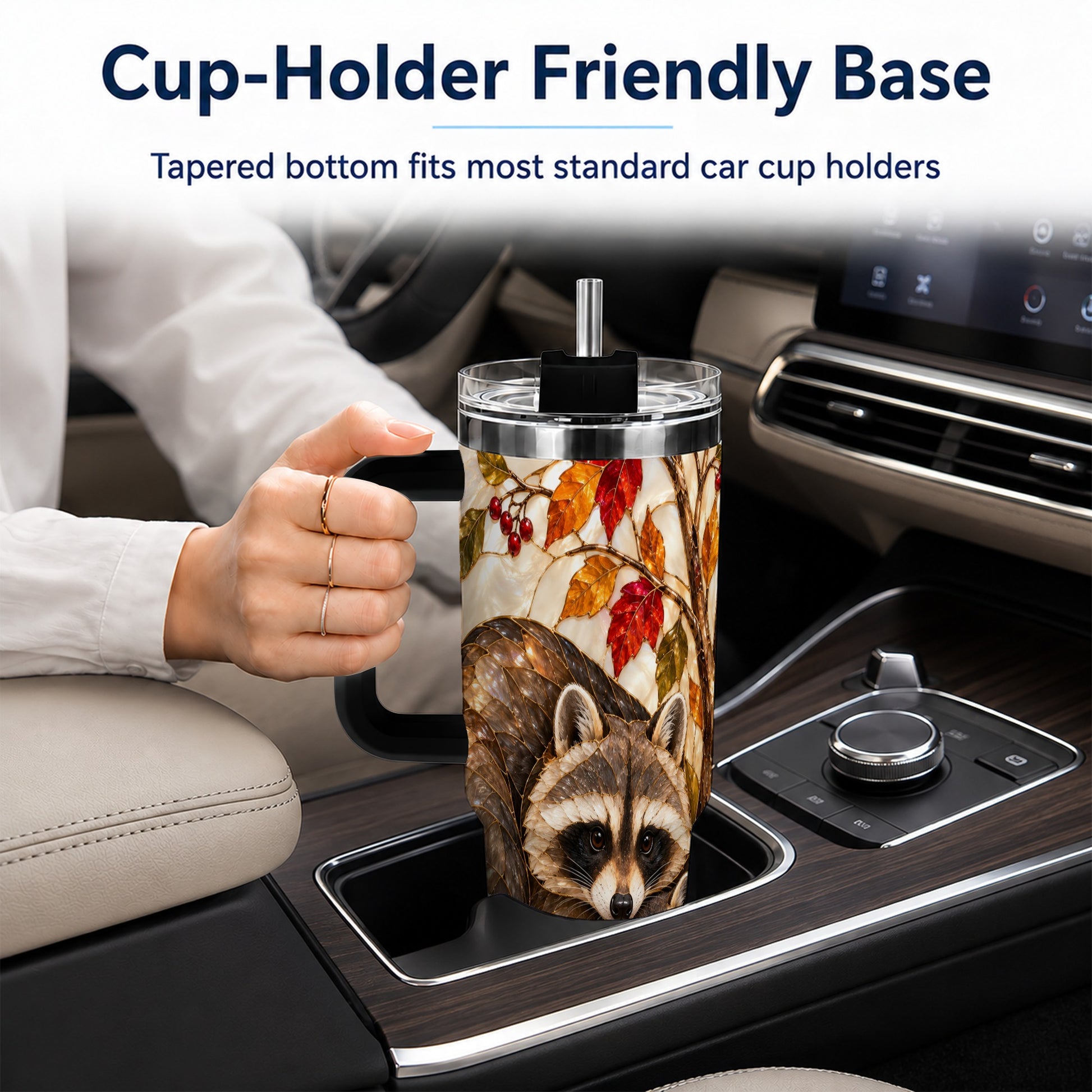 #pl[40oz|Black] Stained Glass Raccoon 40oz Tumbler with Handle, Family Travel Cup