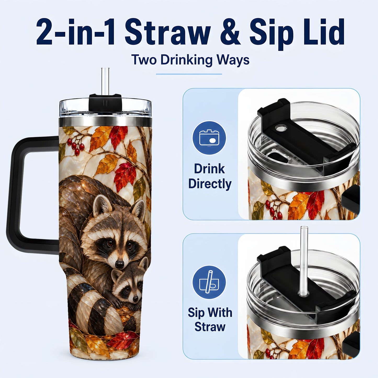 #pl[40oz|Black] Stained Glass Raccoon 40oz Tumbler with Handle, Family Travel Cup
