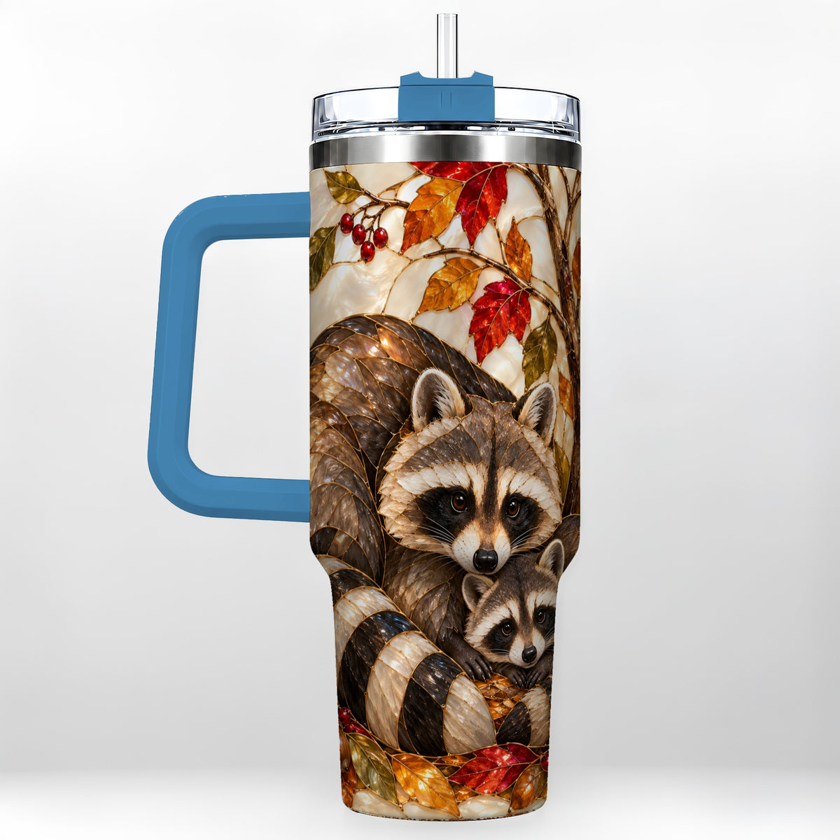 #pl[40oz|Blue] Stained Glass Raccoon 40oz Tumbler with Handle, Family Travel Cup