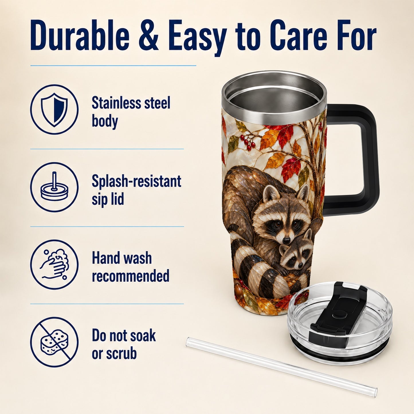 #pl[40oz|Black] Stained Glass Raccoon 40oz Tumbler with Handle, Family Travel Cup