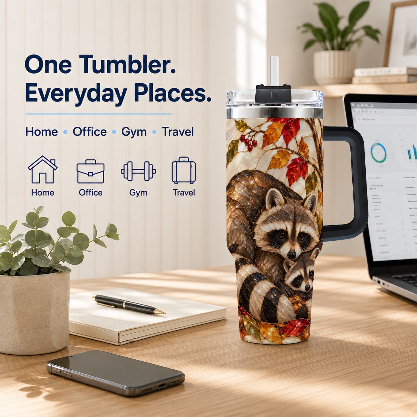 #pl[40oz|Black] Stained Glass Raccoon 40oz Tumbler with Handle, Family Travel Cup