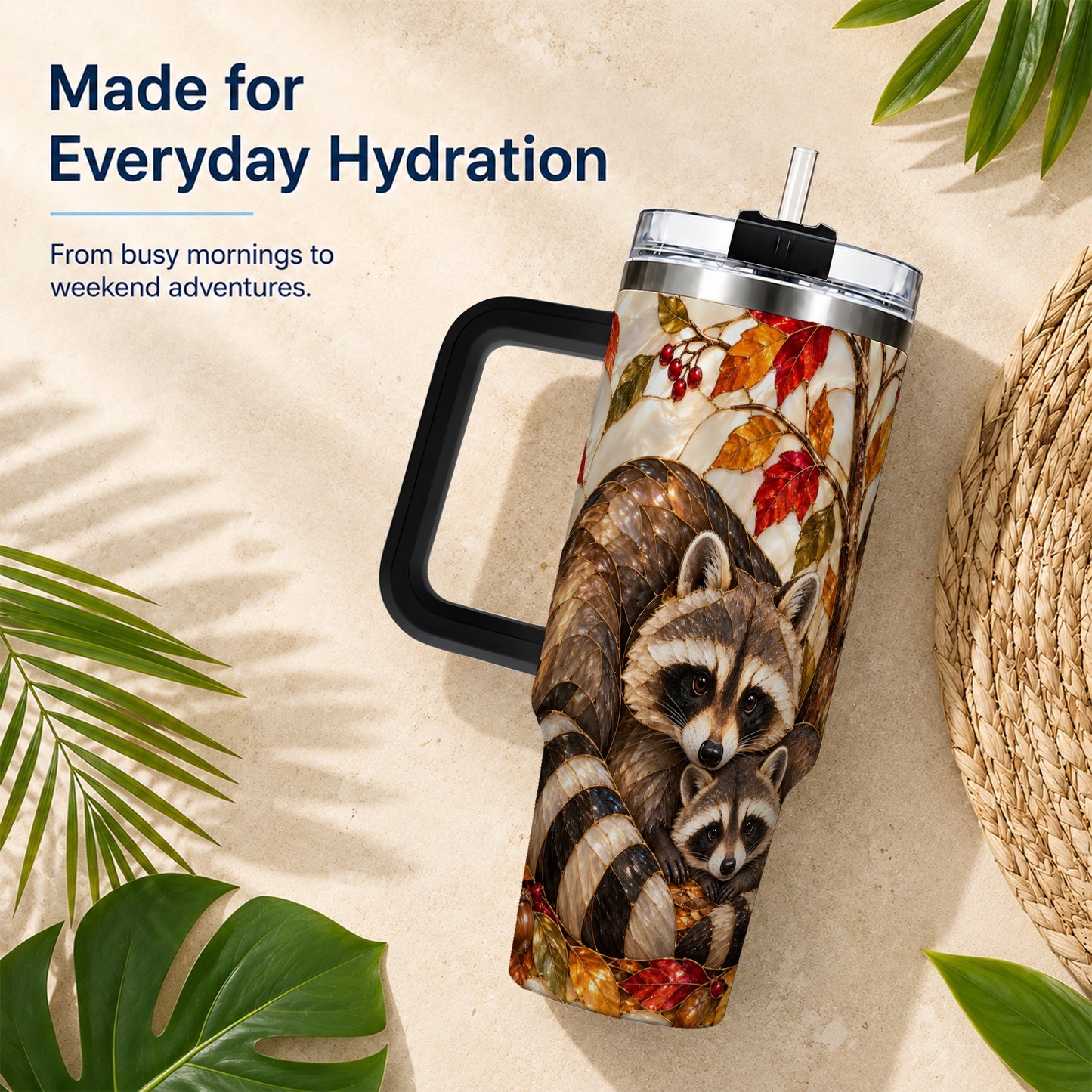 #pl[40oz|Black] Stained Glass Raccoon 40oz Tumbler with Handle, Family Travel Cup