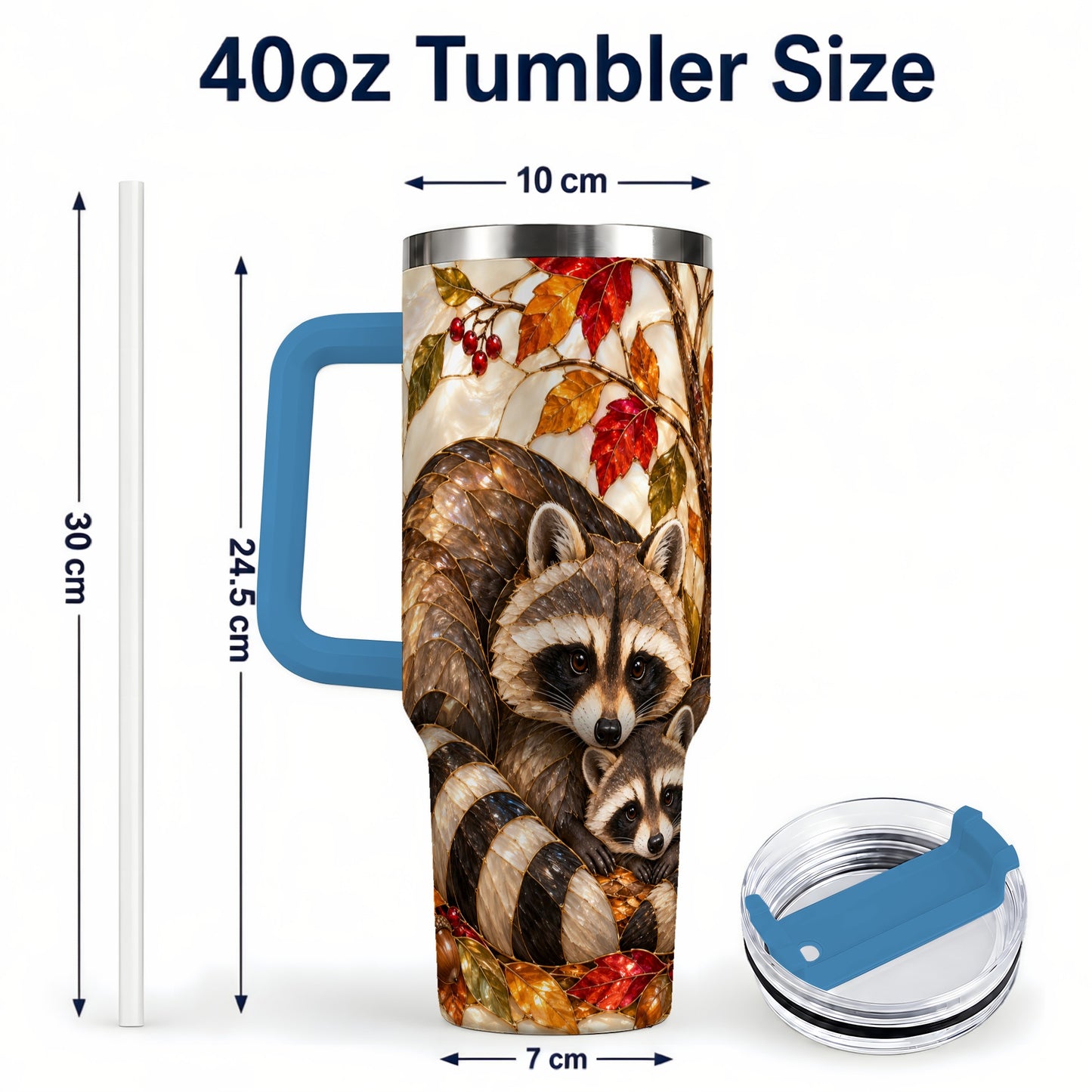 #pl[40oz|Blue] Stained Glass Raccoon 40oz Tumbler with Handle, Family Travel Cup