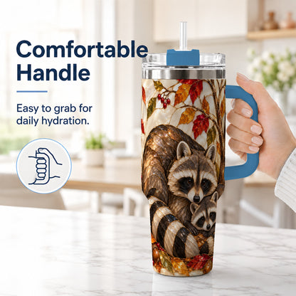 #pl[40oz|Blue] Stained Glass Raccoon 40oz Tumbler with Handle, Family Travel Cup