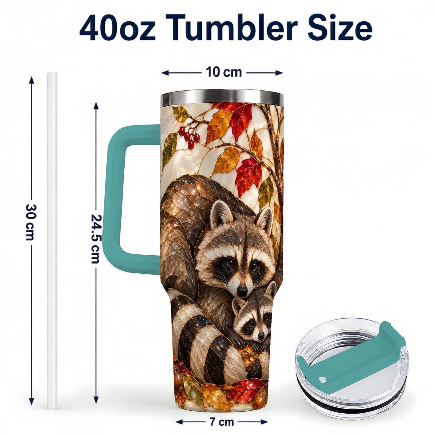 #pl[40oz|Green] Stained Glass Raccoon 40oz Tumbler with Handle, Family Travel Cup
