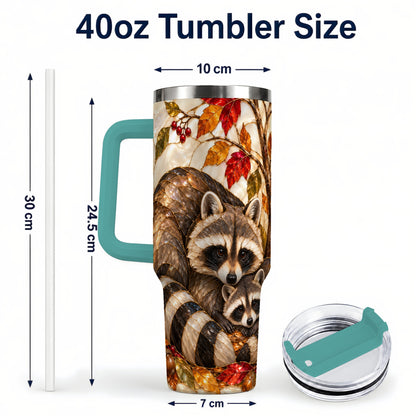 #pl[40oz|Green] Stained Glass Raccoon 40oz Tumbler with Handle, Family Travel Cup