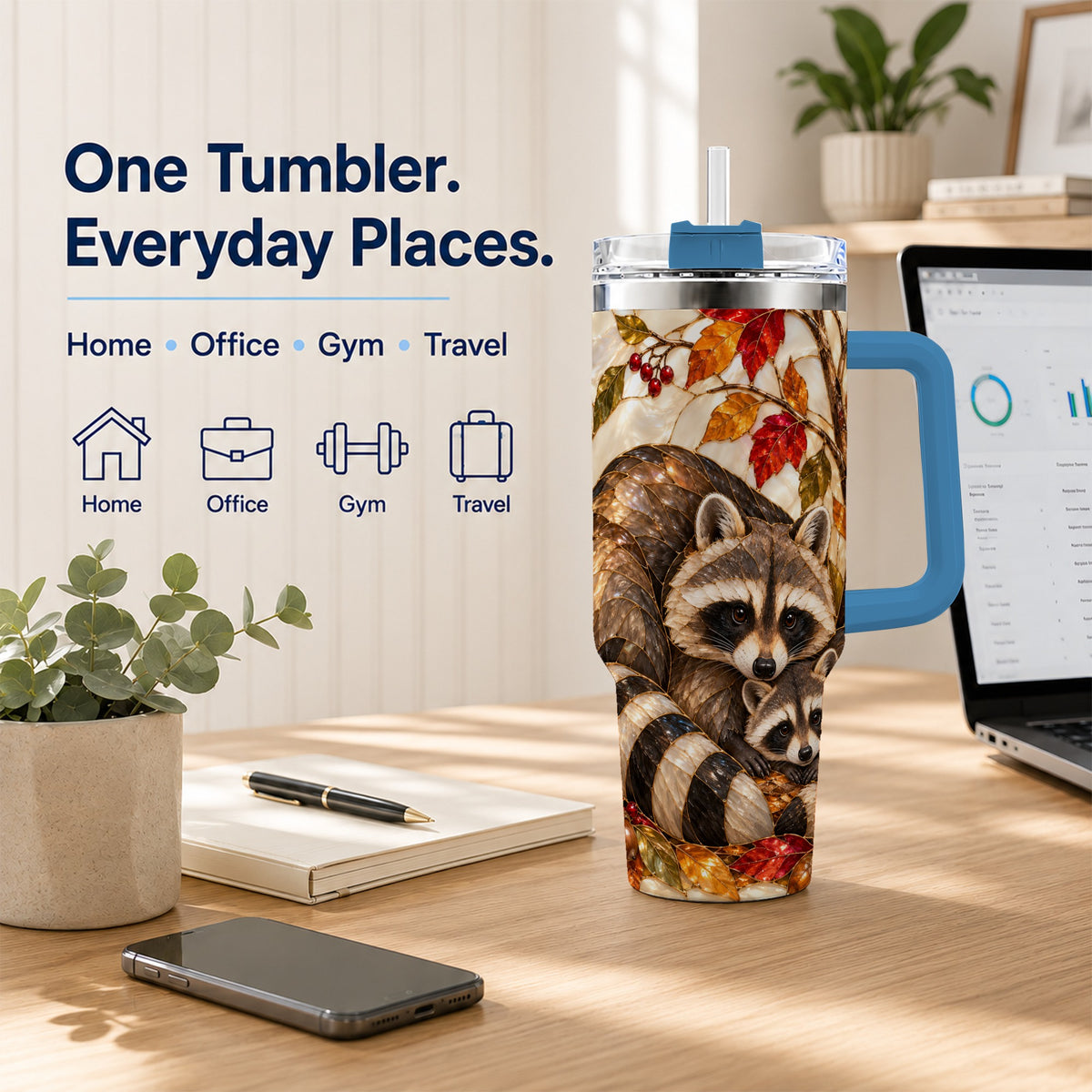 #pl[40oz|Blue] Stained Glass Raccoon 40oz Tumbler with Handle, Family Travel Cup