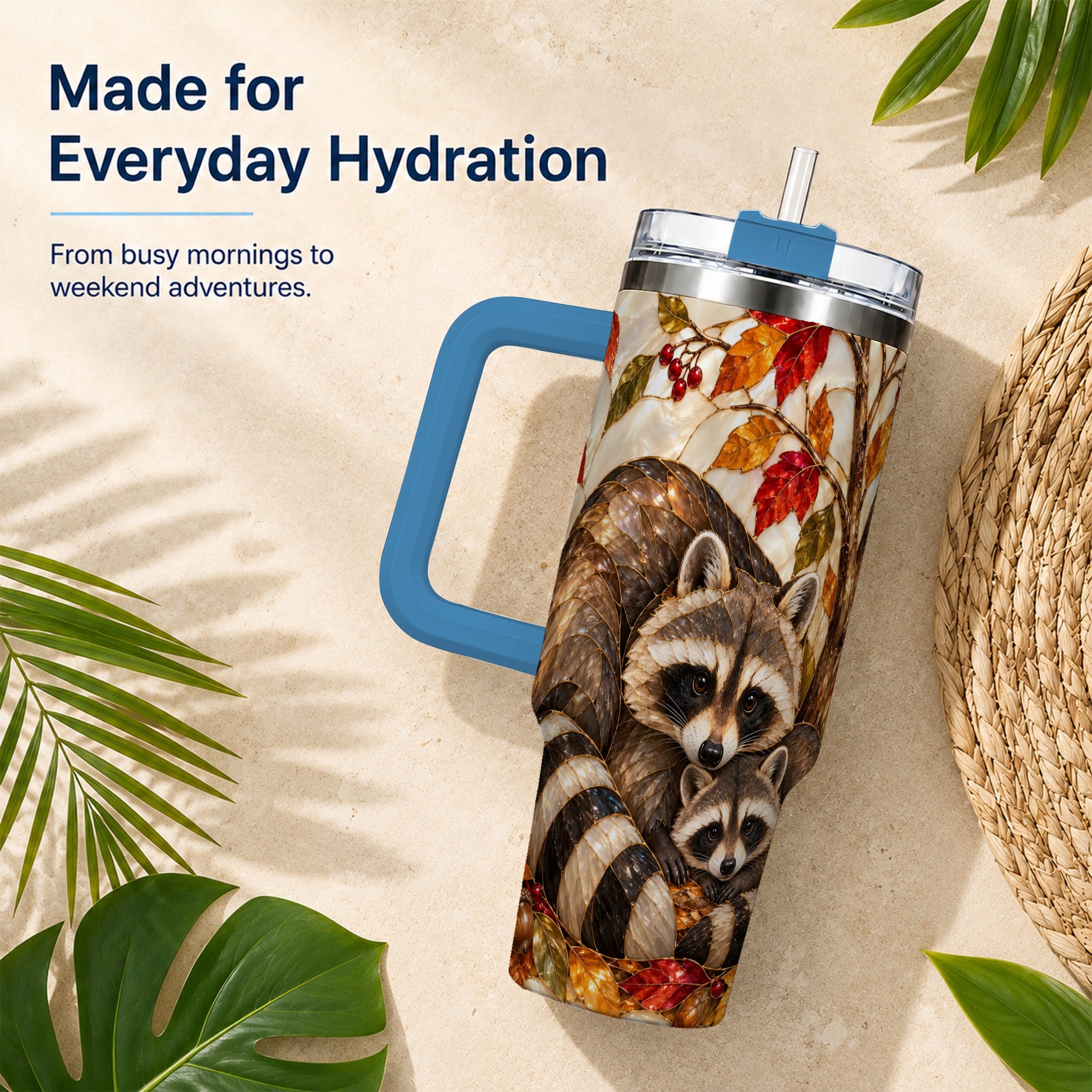 #pl[40oz|Blue] Stained Glass Raccoon 40oz Tumbler with Handle, Family Travel Cup