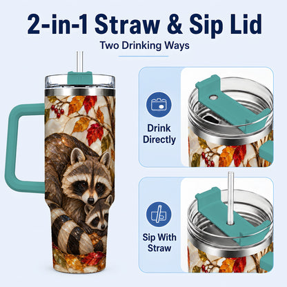#pl[40oz|Green] Stained Glass Raccoon 40oz Tumbler with Handle, Family Travel Cup