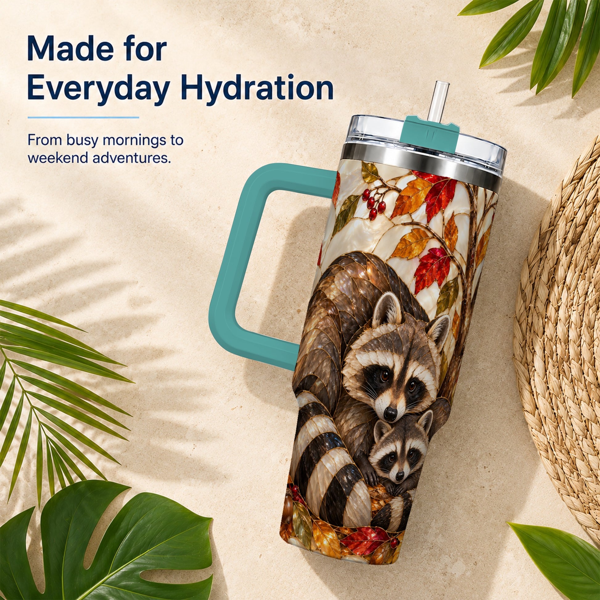 #pl[40oz|Green] Stained Glass Raccoon 40oz Tumbler with Handle, Family Travel Cup