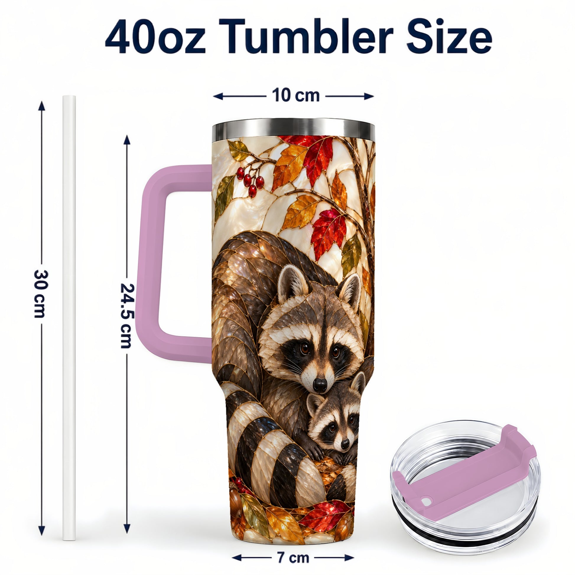 #pl[40oz|Pink] Stained Glass Raccoon 40oz Tumbler with Handle, Family Travel Cup