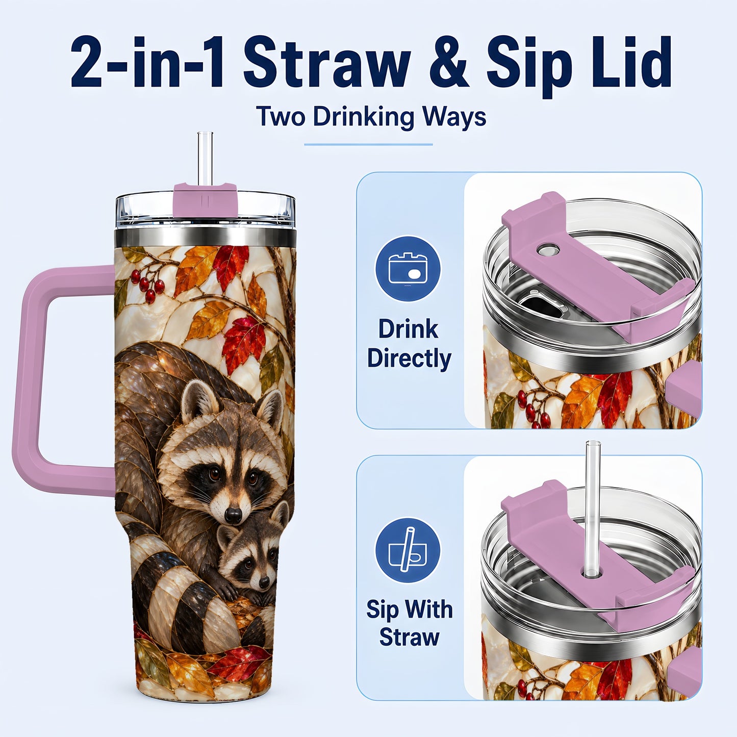 #pl[40oz|Pink] Stained Glass Raccoon 40oz Tumbler with Handle, Family Travel Cup