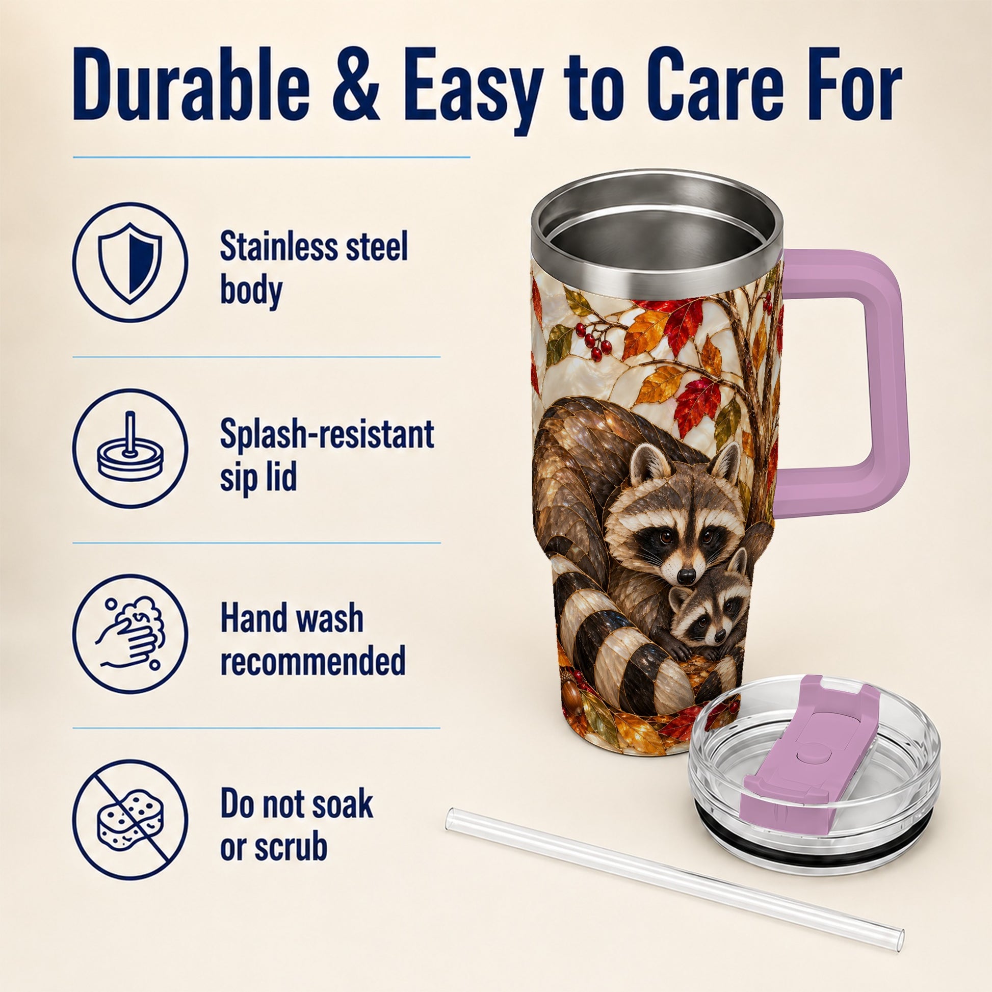 #pl[40oz|Pink] Stained Glass Raccoon 40oz Tumbler with Handle, Family Travel Cup