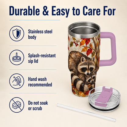 #pl[40oz|Pink] Stained Glass Raccoon 40oz Tumbler with Handle, Family Travel Cup