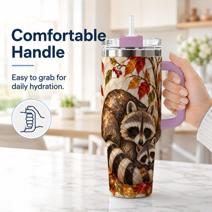 #pl[40oz|Pink] Stained Glass Raccoon 40oz Tumbler with Handle, Family Travel Cup