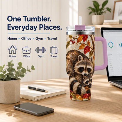 #pl[40oz|Pink] Stained Glass Raccoon 40oz Tumbler with Handle, Family Travel Cup
