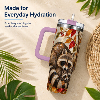 #pl[40oz|Pink] Stained Glass Raccoon 40oz Tumbler with Handle, Family Travel Cup