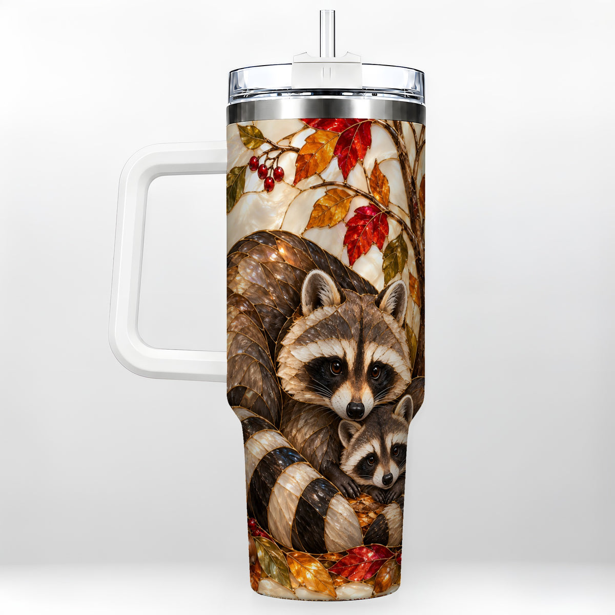Stained Glass Raccoon 40oz Tumbler with Handle, Family Travel Cup