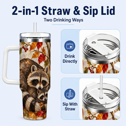 #pl[40oz|White] Stained Glass Raccoon 40oz Tumbler with Handle, Family Travel Cup