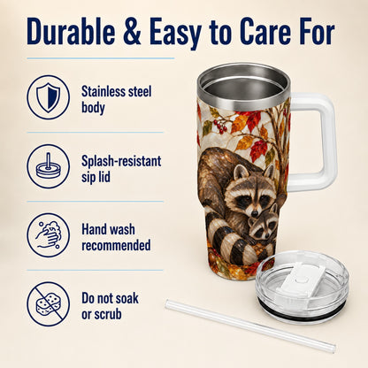 #pl[40oz|White] Stained Glass Raccoon 40oz Tumbler with Handle, Family Travel Cup