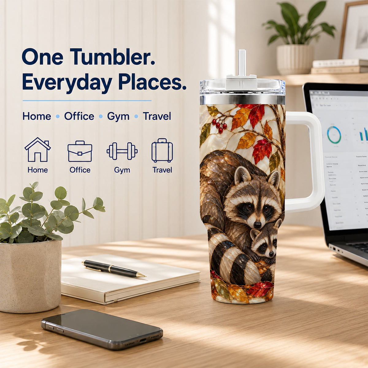 #pl[40oz|White] Stained Glass Raccoon 40oz Tumbler with Handle, Family Travel Cup