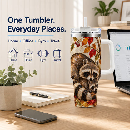 #pl[40oz|White] Stained Glass Raccoon 40oz Tumbler with Handle, Family Travel Cup