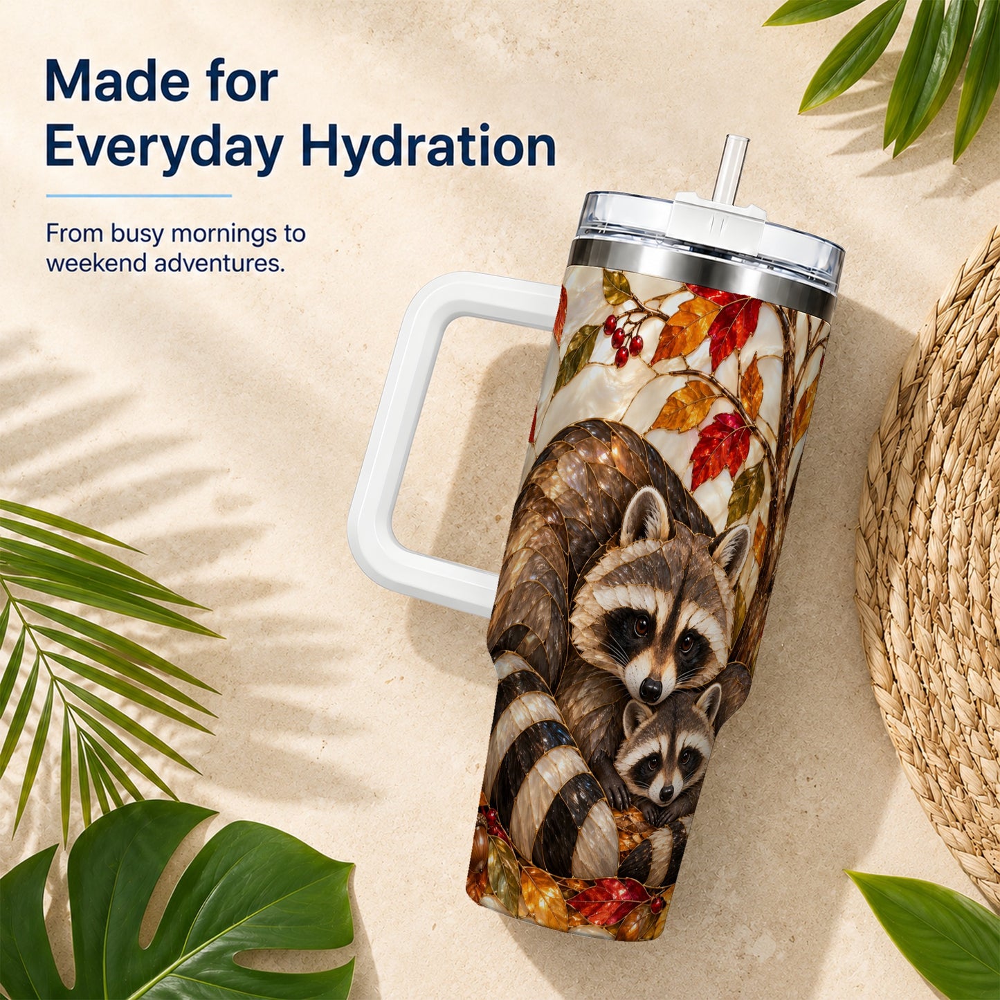 #pl[40oz|White] Stained Glass Raccoon 40oz Tumbler with Handle, Family Travel Cup