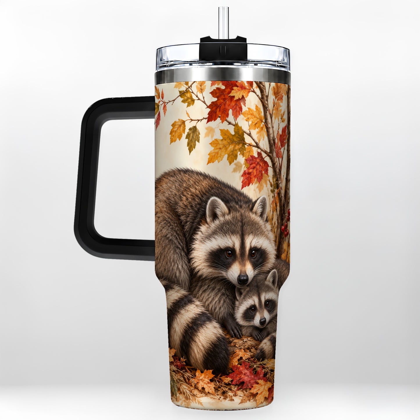 #pl[40oz|Black] Autumn Raccoon 40oz Tumbler with Handle, Woodland Travel Cup