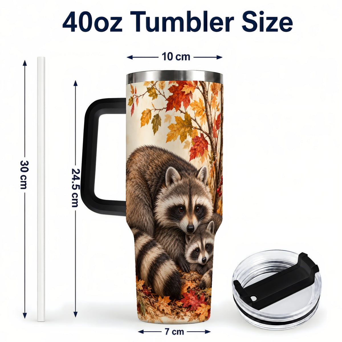 #pl[40oz|Black] Autumn Raccoon 40oz Tumbler with Handle, Woodland Travel Cup
