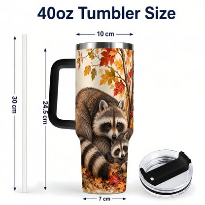 #pl[40oz|Black] Autumn Raccoon 40oz Tumbler with Handle, Woodland Travel Cup