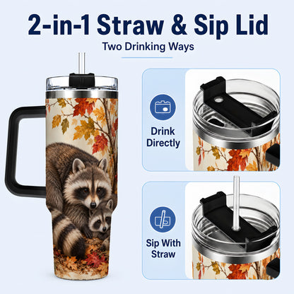 #pl[40oz|Black] Autumn Raccoon 40oz Tumbler with Handle, Woodland Travel Cup