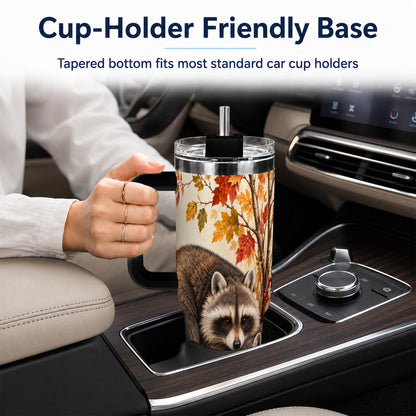 #pl[40oz|Black] Autumn Raccoon 40oz Tumbler with Handle, Woodland Travel Cup