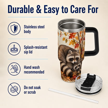 #pl[40oz|Black] Autumn Raccoon 40oz Tumbler with Handle, Woodland Travel Cup